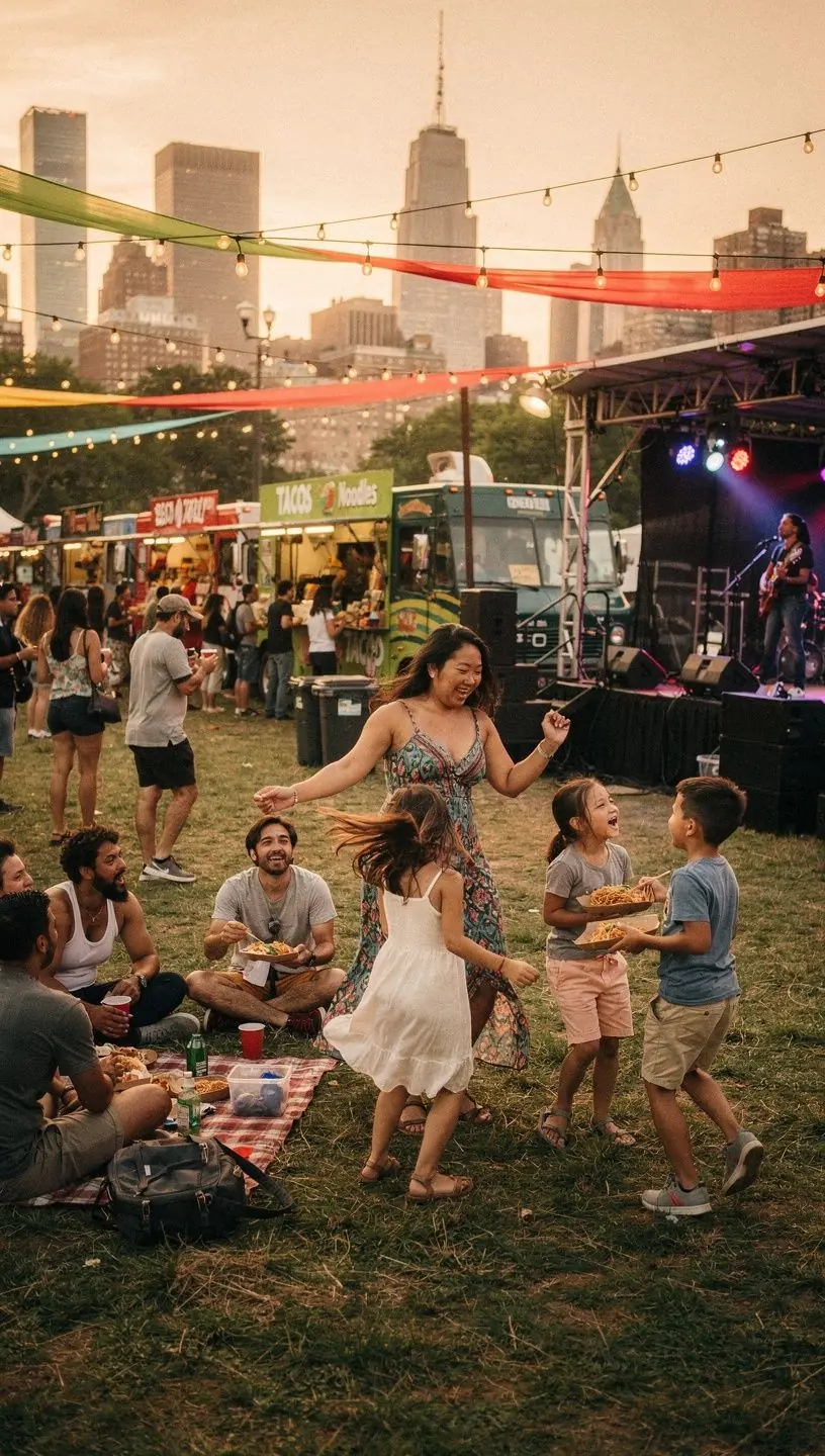 People engaging in activities in a vibrant public space.